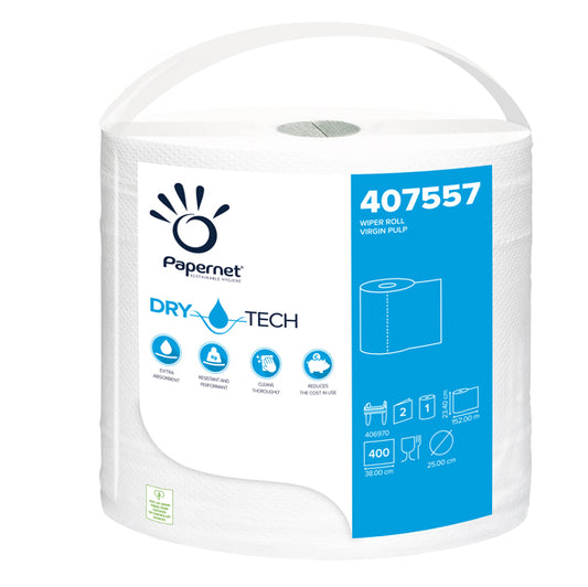 PAPERNET - 407557 - Bobina asciugatutto DryTech - 2 veli - diametro 25 cm - 23,4 cm x 152 mt -  400 strappi - finitura liscia - bianco - Papernet