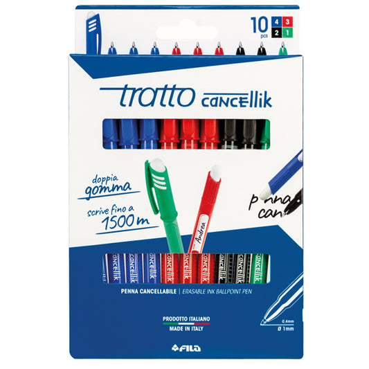 TRATTO - F832700 - Astuccio Penne a sfera cancellabile Cancellik- punta 1,0mm - 10 colori assortiti  - Tratto - conf. 10 pezzi