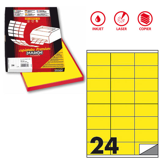 MARKIN - X210C500F-GI - Etichette adesive C500 - permanenti - 70 x 36 mm - 24 et-fg - 100 fogli A4 - giallo fluo - Markin