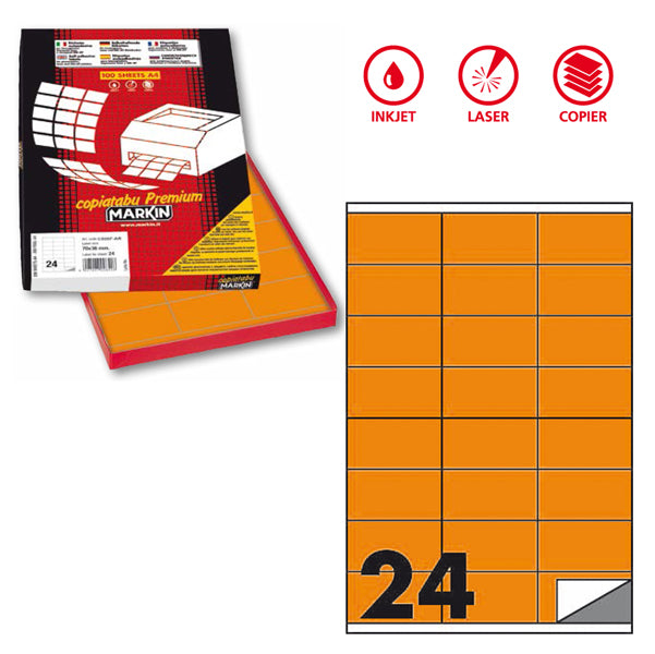 MARKIN - X210C500F-AR - Etichette adesive C500 - permanenti - 70 x 36 mm - 24 et-fg - 100 fogli A4 - arancio fluo - Markin