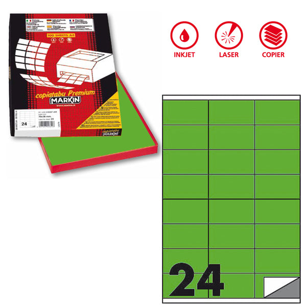 MARKIN - X210C500F-VE - Etichette adesive C500 - permanenti - 70 x 36 mm - 24 et-fg - 100 fogli A4 - verde fluo - Markin