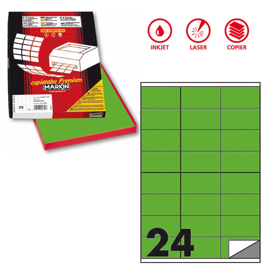MARKIN - X210C500F-VE - Etichette adesive C500 - permanenti - 70 x 36 mm - 24 et-fg - 100 fogli A4 - verde fluo - Markin