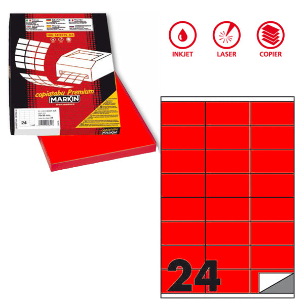MARKIN - X210C500F-RO - Etichette adesive C500 - permanenti - 70 x 36 mm - 24 et-fg - 100 fogli A4 - rosso fluo - Markin