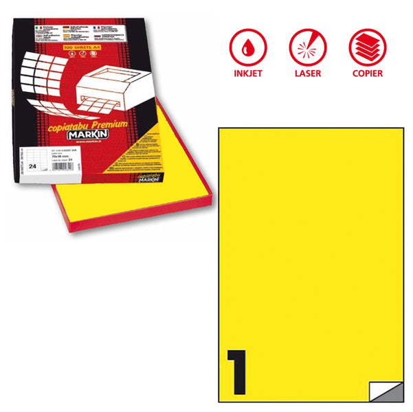 MARKIN - X210C503F-GI - Etichette adesive C503 - permanenti - 210 x 297 mm - 1 et-fg - 100 fogli A4 - giallo fluo - Markin