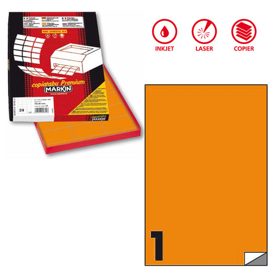 MARKIN - X210C503F-AR - Etichette adesive C503 - permanenti - 210 x 297 mm - 1 et-fg - 100 fogli A4 - arancio fluo - Markin