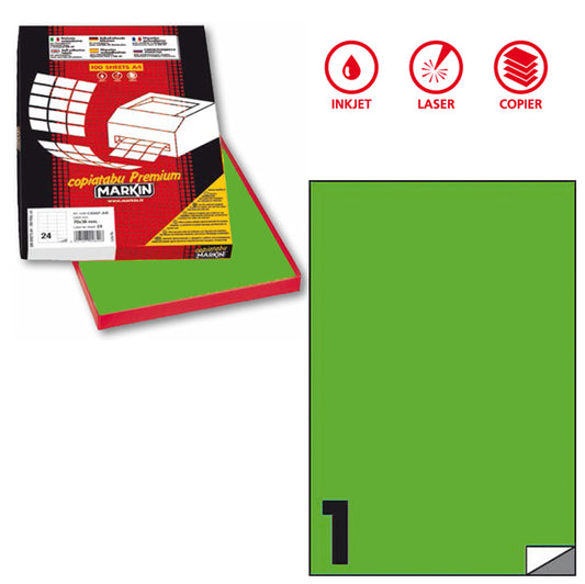 MARKIN - X210C503F-VE - Etichette adesive C503 - permanenti - 210 x 297 mm - 1 et-fg - 100 fogli A4 - verde fluo