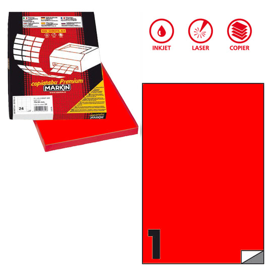 MARKIN - X210C503F-RO - Etichette adesive C503 - permanenti - 210 x 297 mm - 1 et-fg - 100 fogli A4 - rosso fluo - Markin