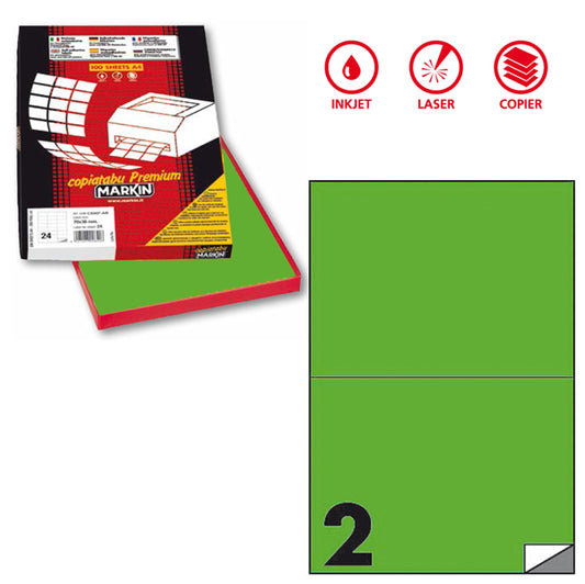 MARKIN - X210C509F-VE - Etichette adesive C509 - permanenti - 210 x 148,5 mm - 2 et-fg - 100 fogli A4 - verde fluo - Markin