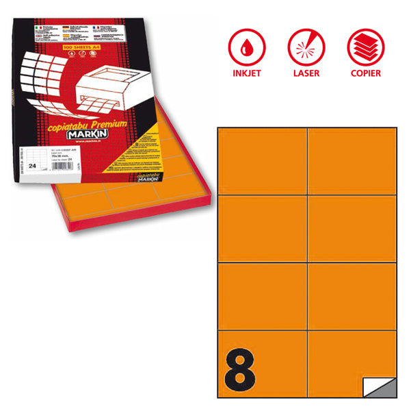 MARKIN - X210C512F-AR - Etichette adesive C512 - permanenti - 105 x 74,25 mm - 8 et-fg - 100 fogli A4 - arancio fluo - Markin