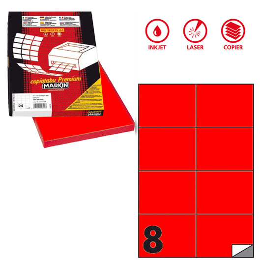 MARKIN - X210C512F-RO - Etichette adesive C512 - permanenti - 105 x 74,25 mm - 8 et-fg - 100 fogli A4 - rosso fluo - Markin