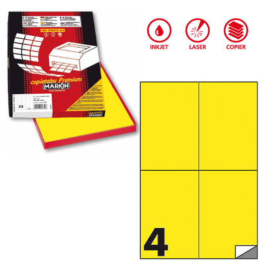 MARKIN - X210C519F-GI - Etichette adesive C519 - permanenti - 105 x 148,5 mm - 4 et-fg - 100 fogli A4 - giallo fluo - Markin