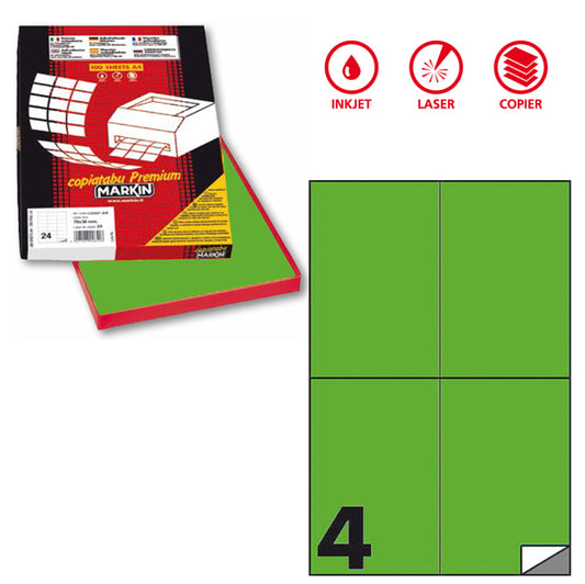 MARKIN - X210C519F-VE - Etichette adesive C519 - permanenti - 105  x 148,5 mm - 4 et-fg - 100 fogli A4 - verde fluo - Markin