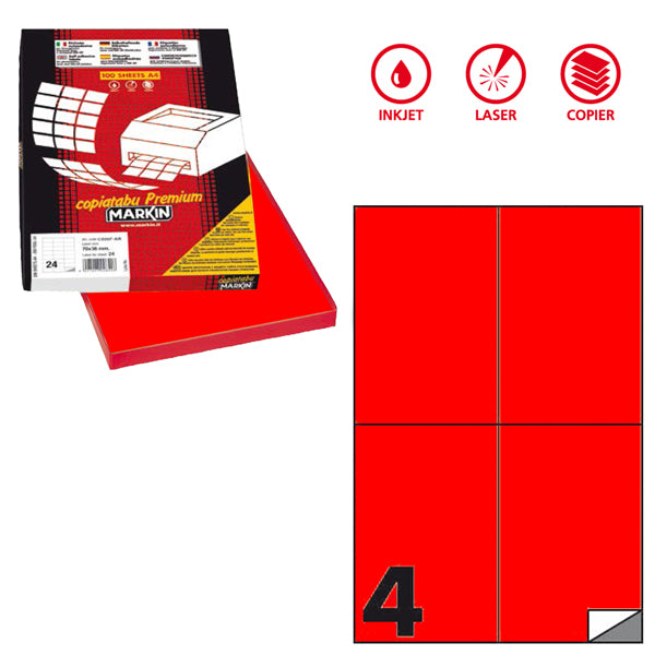 MARKIN - X210C519F-RO - Etichette adesive C519 - permanenti - 105  x 148,5 mm - 4 et-fg - 100 fogli A4 - rosso fluo - Markin