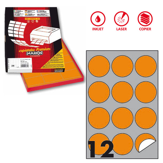 MARKIN - X210R310F-AR - Etichette adesive R310 - permanenti - diametro 60 mm - 12 et-fg - 100 fogli A4 - arancio fluo - Markin