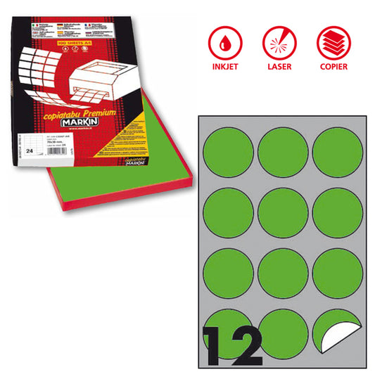 MARKIN - X210R310F-VE - Etichette adesive R310 - permanenti - diametro 60 mm - 12 et-fg - 100 fogli A4 - verde fluo - Markin