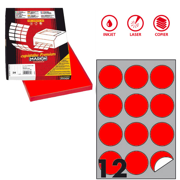 MARKIN - X210R310F-RO - Etichette adesive R310 - permanenti - diametro 60 mm - 12 et-fg - 100 fogli A4 - rosso fluo - Markin