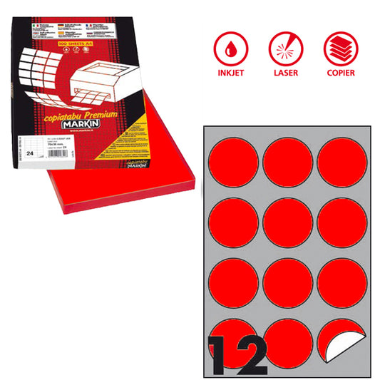 MARKIN - X210R310F-RO - Etichette adesive R310 - permanenti - diametro 60 mm - 12 et-fg - 100 fogli A4 - rosso fluo - Markin