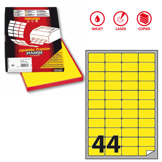 MARKIN - X210A406F-GI - Etichette adesive A406 - permanenti - 47,5 x 25,5 mm - 44 et-fg - 100 fogli A4 - giallo fluo - Markin