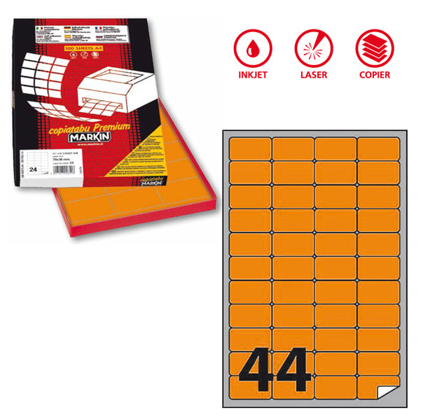 MARKIN - X210A406F-AR - Etichette adesive A406 - permanenti - 47,5 x 25,5 mm - 44 et-fg - 100 fogli A4 - arancio fluo - Markin
