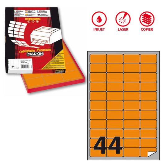 MARKIN - X210A406F-AR - Etichette adesive A406 - permanenti - 47,5 x 25,5 mm - 44 et-fg - 100 fogli A4 - arancio fluo - Markin