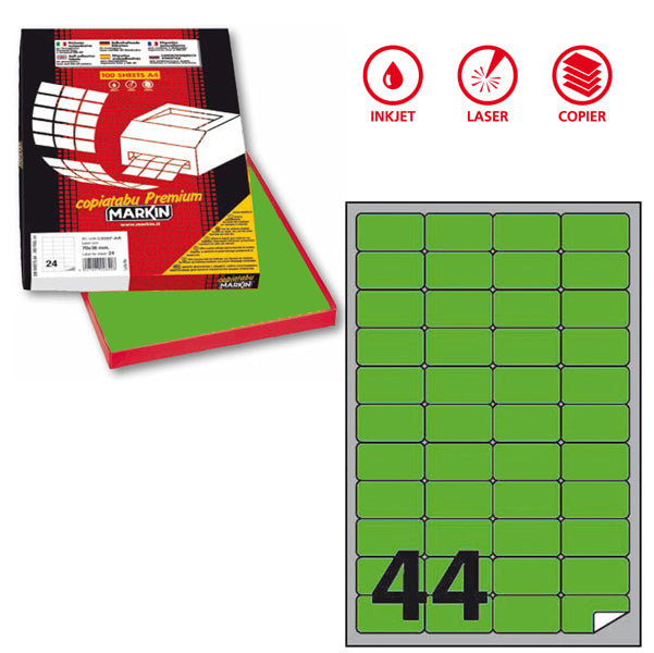 MARKIN - X210A406F-VE - Etichette adesive A406 - permanenti - 47,5 x 25,5 mm - 44 et-fg - 100 fogli A4 - verde fluo - Markin