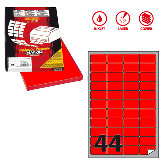MARKIN - X210A406F-RO - Etichette adesive A406 - permanenti - 47,5 x 25,5 mm - 44 et-fg - 100 fogli A4 - rosso fluo - Markin
