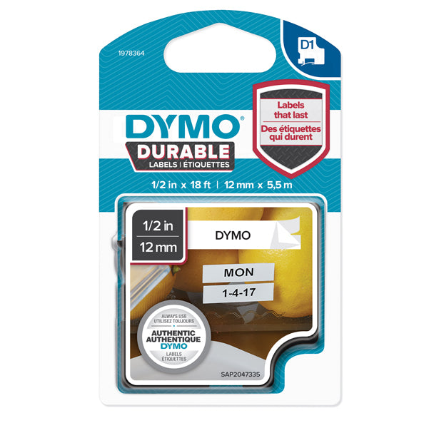 DYMO - 1978364 - Nastro D1 Durable 1978364 - 12 mm x 5,5 mt - nero-bianco - Dymo