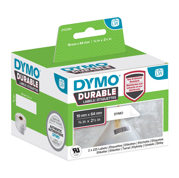 DYMO - 2112284 - Rotolo 450 etichette LW Durable Industrial - 1933085 - 19 x 64 mm - carta - bianco - Dymo - conf. 2 rotoli