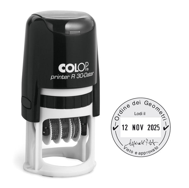 COLOP - PR.R30.DAT - Timbro datario R30 - diametro 30 mm - 4 righe - autoinchiostrante - personalizzabile - Colop