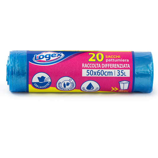 FORTEX - C5LX3505 - Sacchi per immondizia - 50x60 cm - 35 L - 9 micron - azzurro trasparente - Logex Professional - rotolo da 20 sacchetti