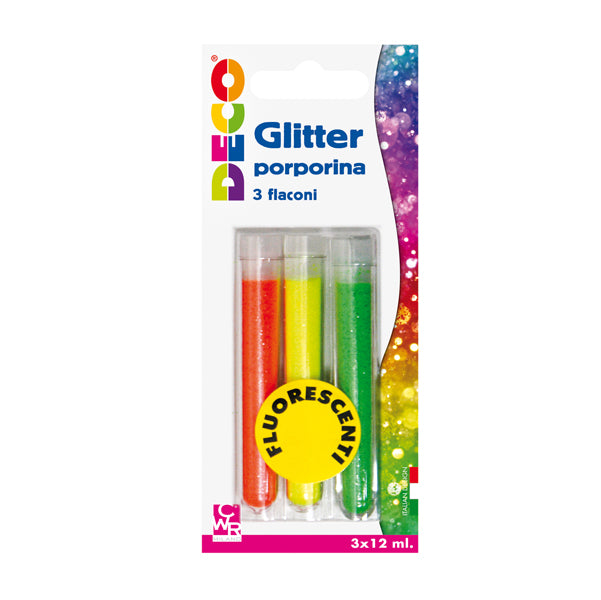 DECO - 11591 - Glitter grana fine - 12 ml - colori assortiti fluo - Deco - blister 3 flaconi
