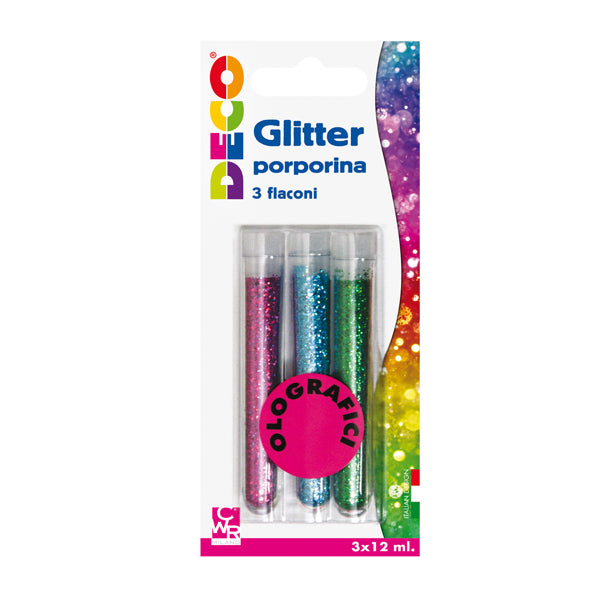 DECO - 11592 - Glitter grana fine - 12 ml - colori assortiti olografici - Deco - blister 3 flaconi