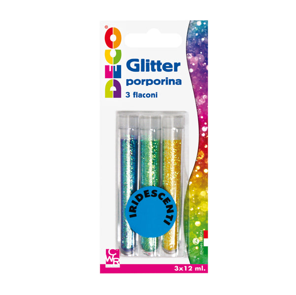 DECO - 11593 - Glitter grana fine - 12 ml - colori assortiti iridescenti - Deco - blister 3 flaconi