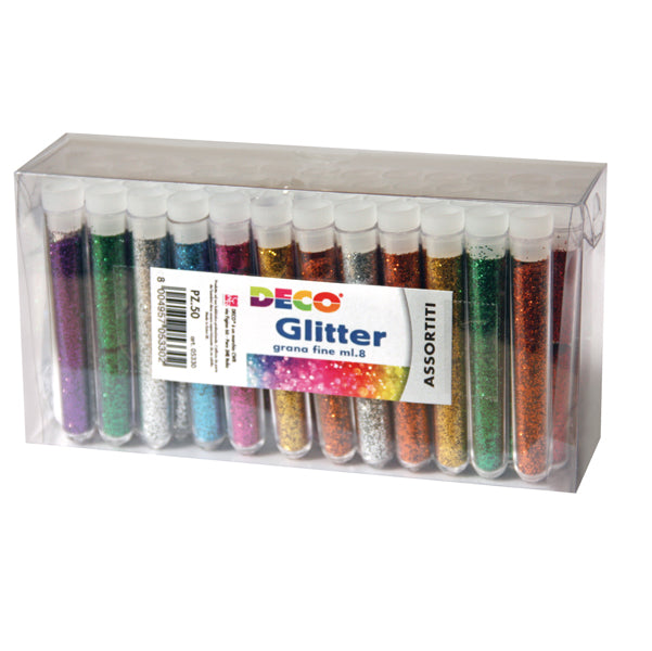 DECO - 130-50 - Glitter grana fine - 12ml - colori assortiti - DECO - blister 50 flaconi