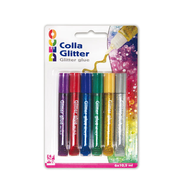 DECO - 05882 - Blister colla glitter - 10,5 ml - colori assortiti metal - Deco - conf. 6 pezzi