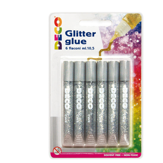 DECO - 05884 - Blister colla glitter - 10,5 ml - argento - Deco - conf. 6 pezzi