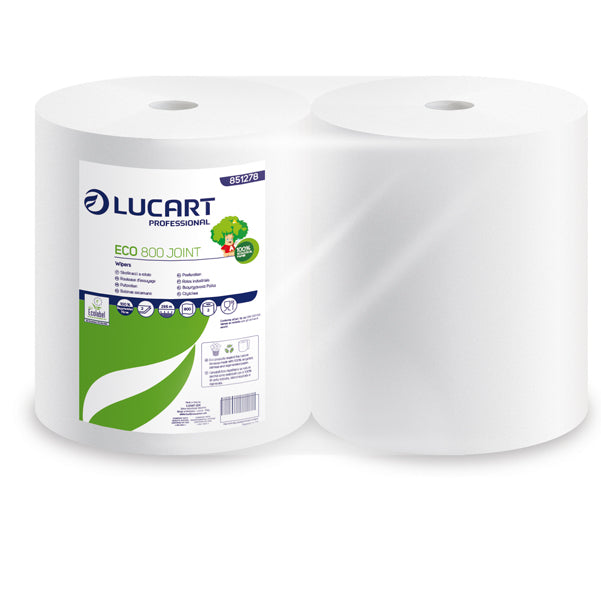 Lucart - 851278 - Bobina asciugatutto Eco 800 Joint - 2 veli - 18,5 gr - diametro 26 cm - 25 cm x 296 mt - microgoffrata - bianco - Lucart