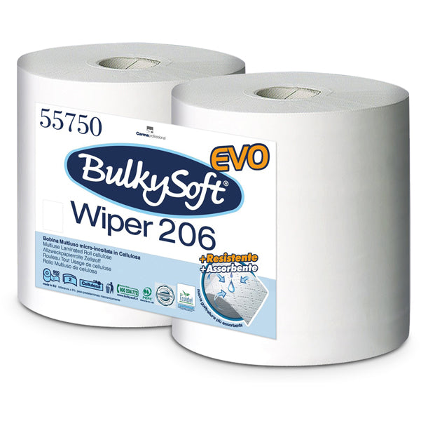 BulkySoft - 55750 - Bobina asciugatutto Classic - 2 veli - 26 cm x 208 mt - diametro 26 cm - 18 gr - microgoffrata - bianco - BulkySoft