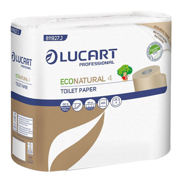 Lucart - 811927J - Carta igienica EcoNatural - 9,5 cm x 44 mt - diametro 12,5 cm - 15,5 gr - 400 strappi - Lucart - pacco 4 rotoli