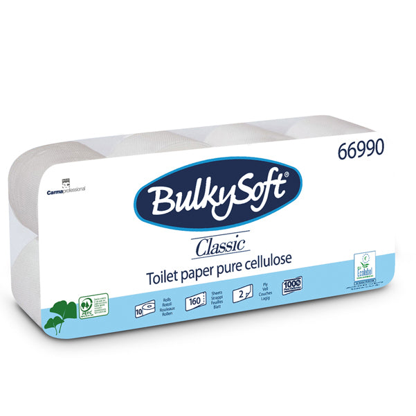 BulkySoft - 66990 - Carta igienica Classic - 2 veli - 16 gr - diametro 9,8 cm - 10 cm x16,8 mt - 160 strappi - BulkySoft - pacco 10 rotoli