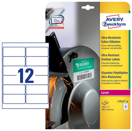 AVERY - L7913-10 - Etichette protezione e sicurezza - per stampati laser - 99,1 x 42,3 mm - 12 et-fg - 10 fogli - polietilene - bianco - Avery