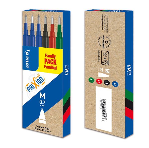 PILOT - 006649 - Refill a sfera Frixionball - punta 0,7mm - 3 blu, 1 nero, 1 rosso, 1 verde  - Pilot - conf. 6 pezzi