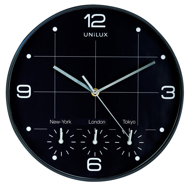 UNILUX - 400094567 - Orologio da parete On Time - 4 fusi orari - diametro 30 cm - nero - Unilux