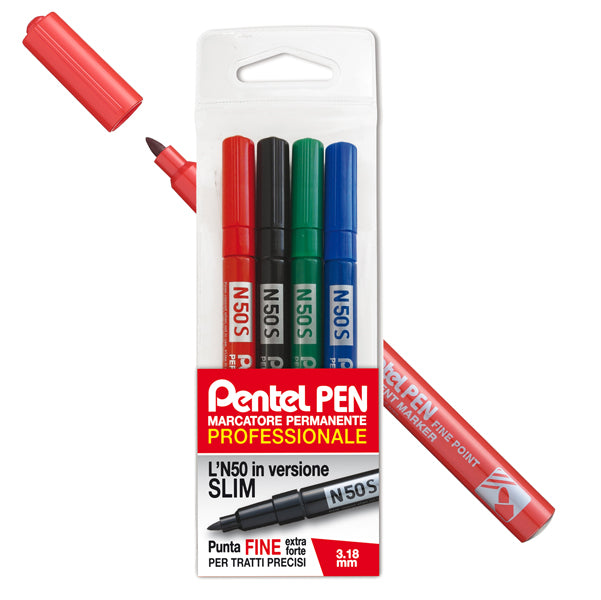 PENTEL - 0022066 - Marcatore permanente N50S - punta tonda - astuccio 4 colori assortiti - Pentel