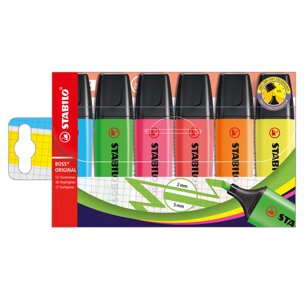 STABILO - 70-6 - Evidenziatore Boss Original - punta a scalpello - tratto 2 - 5 mm - colori assortiti - Stabilo - busta 6 pezzi
