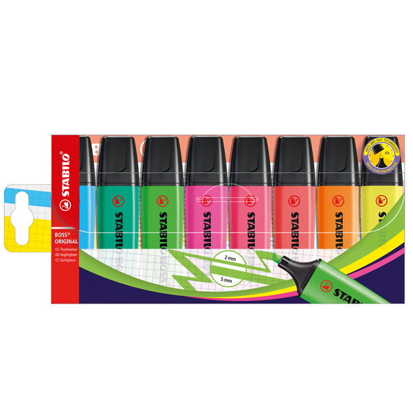 STABILO - 70-8 - Evidenziatore Boss Original - punta a scalpello - tratto 2 - 5 mm - colori assortiti - Stabilo - busta 8 pezzi