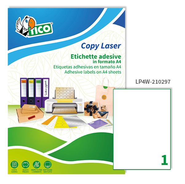 TICO - LP4W-210297 - Etichette adesive LP4W - permanenti - 210 x 297 mm - 1 et-fg - 100 fogli A4 - bianco - Tico