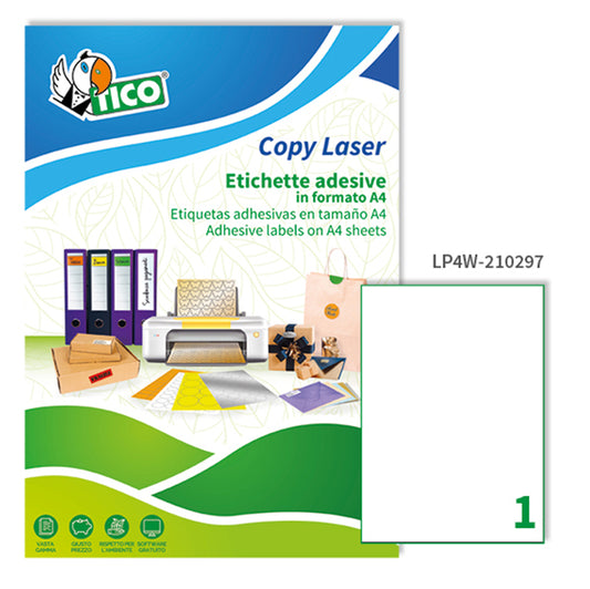 TICO - LP4W-210297 - Etichette adesive LP4W - permanenti - 210 x 297 mm - 1 et-fg - 100 fogli A4 - bianco - Tico