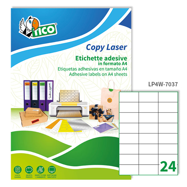TICO - LP4W-7037 - Etichette adesive LP4W - permanenti - 70 x 37 mm - 24 et-fg - 100 fogli A4 - bianco - Tico