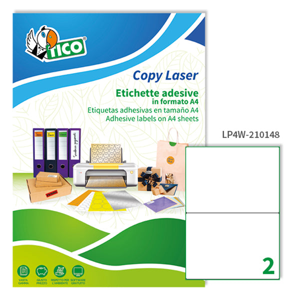 TICO - LP4W-210148 - Etichette adesive LP4W - permanenti - 210 x 148 mm - 2 et-fg - 100 fogli A4 - bianco - Tico